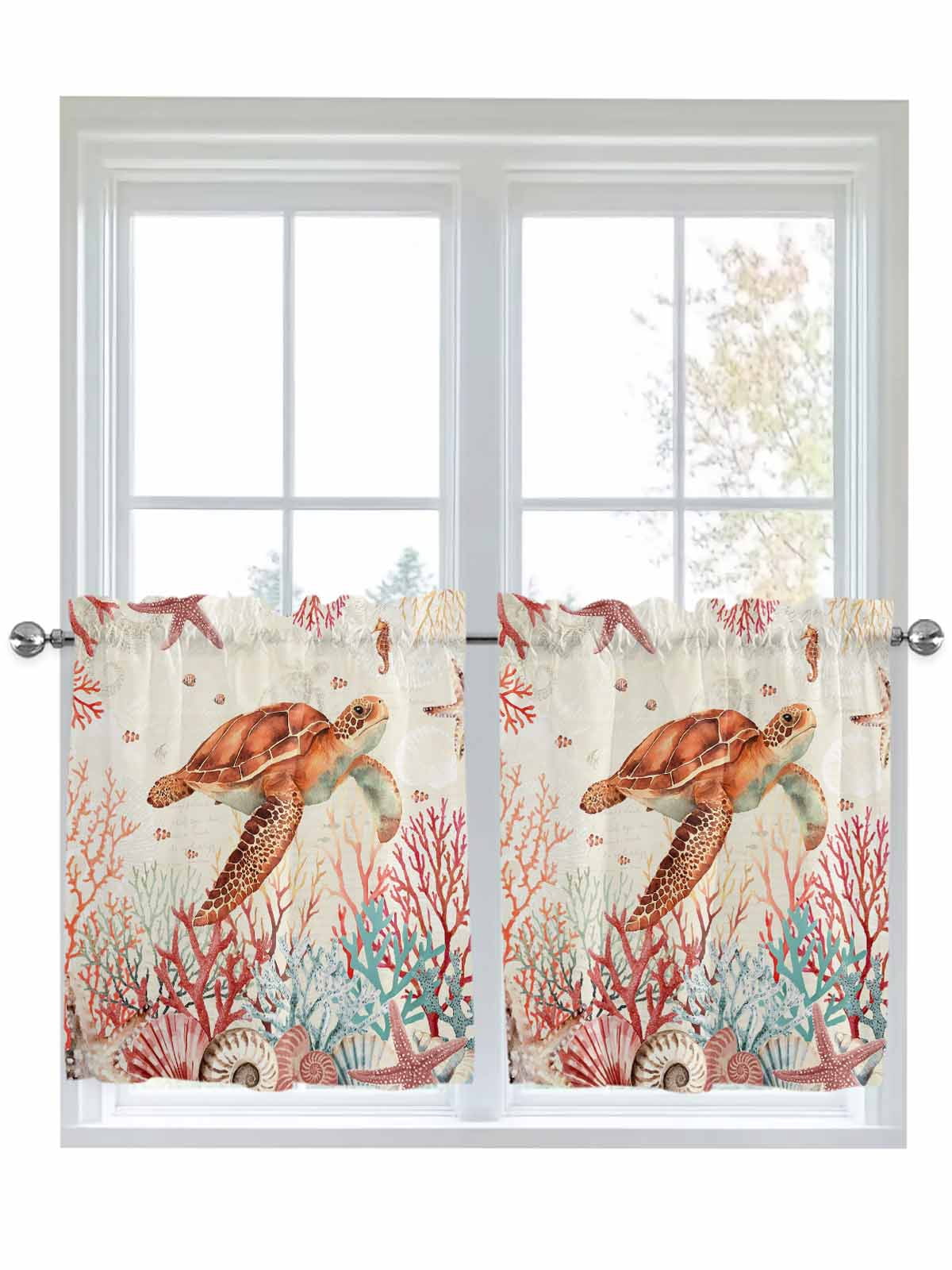 Brown Turtle Coastal 2 Panel Kitchen Curtains for Small Windows, Summer ...
