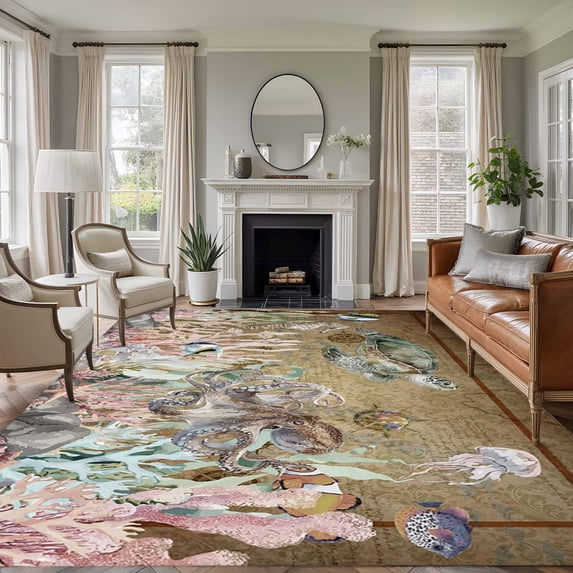 Brown Turtle Coastal Area Rugs 6'x9', Small Throw Rugs for Kitchen Dining room, Vintage Nautical Summer Beach Coral Octopus Indoor Outdoor Rug Non-Slip Low Pile Carpet Runner Reversible Floor Mats