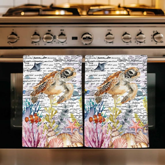 Brown Turtle Coastal Kitchen Towels Set of 2, Summer Beach Coral Seahorse Ocean Octopus Absorbent Dish Towels for Kitchen, Microfiber Hand Towel, Quick Drying Tea Towel for Cleaning Dishcloths