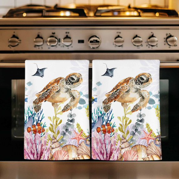 Brown Turtle Coastal Kitchen Towels Set of 4, Summer Beach Coral Seahorse Botanical Absorbent Dish Towels for Kitchen, Microfiber Hand Towel, Quick Drying Tea Towel for Cleaning Decorative Dishcloths