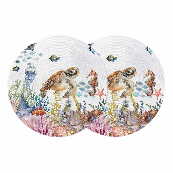 Brown Turtle Coastal Round 13 Inch Placemats Set of 2, Summer Beach Coral Seahorse Botanical HeatResistant Non Slip Place Mats for Dining Table, Wipeable Braided Kitchen Table Mats for Housewarming