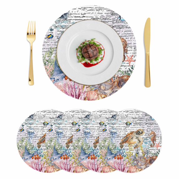 Brown Turtle Coastal Round 15 Inch Placemats Set of 4, Summer Beach Coral Seahorse Ocean Octopus HeatResistant Non Slip Place Mats for Dining Table, Wipeable Kitchen Table Mats for Housewarming