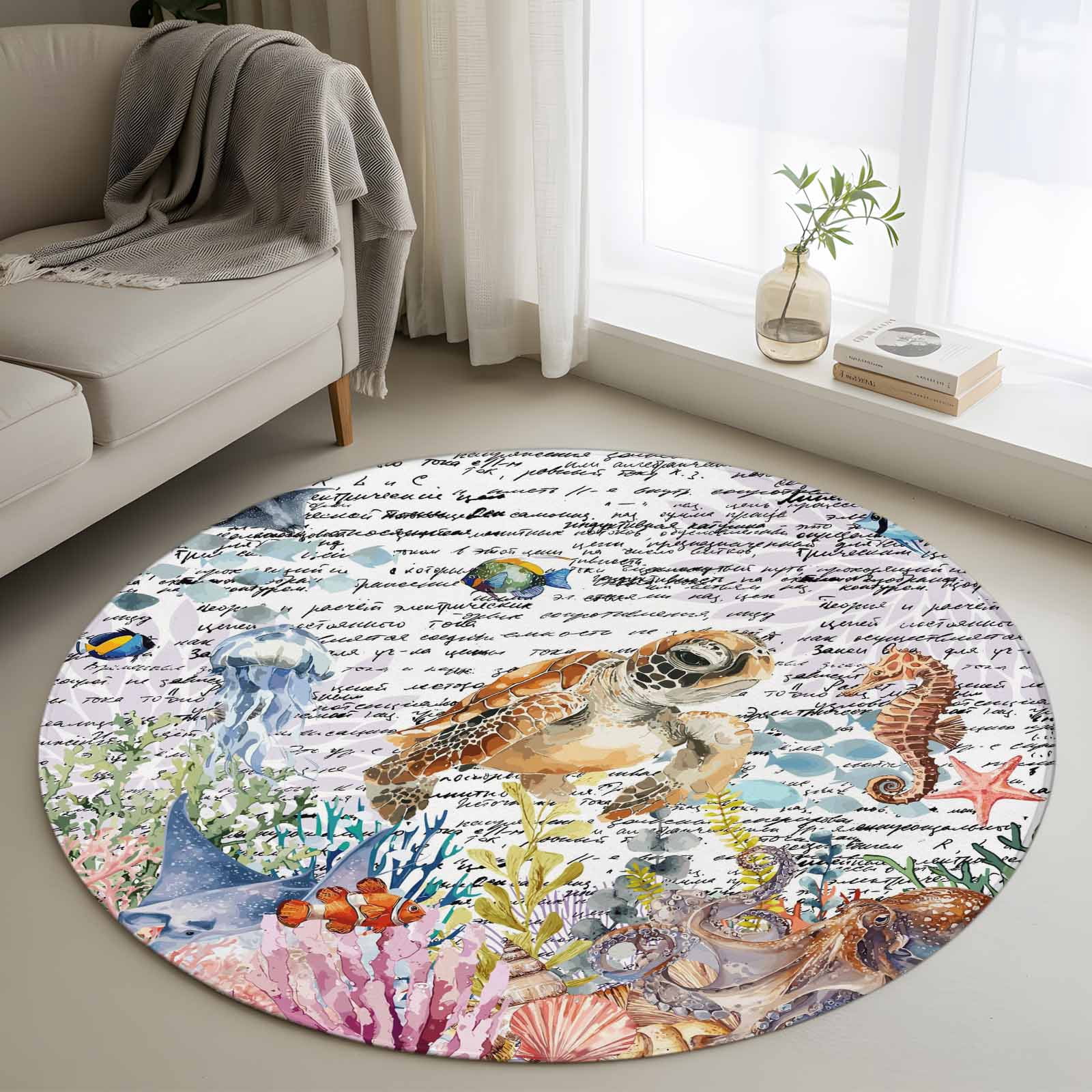 Circle Turtle Rug Brown Turtle Coastal Round Area Rug 3Ft Washable Small Circle Rugs for ...