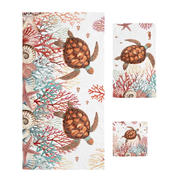 Brown Turtle Coastal Towel Set of 3, Soft Microfiber Bath Towels, Hand Towel, Washcloths, Summer Beach Nautical Coral Shells Ocean Quick-Dry Absorbent Towels for Bathroom Kitchen Hotel Beach Gym Spa
