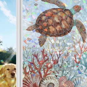 Brown Turtle Coastal Window Privacy Film Stain Glass,Decorative Rainbow Window Film,Summer Beach Nautical Coral Shells Ocean Static Cling Sun Blocking Stickers Decals Covers 17.7" x 39.3" (2pcs)
