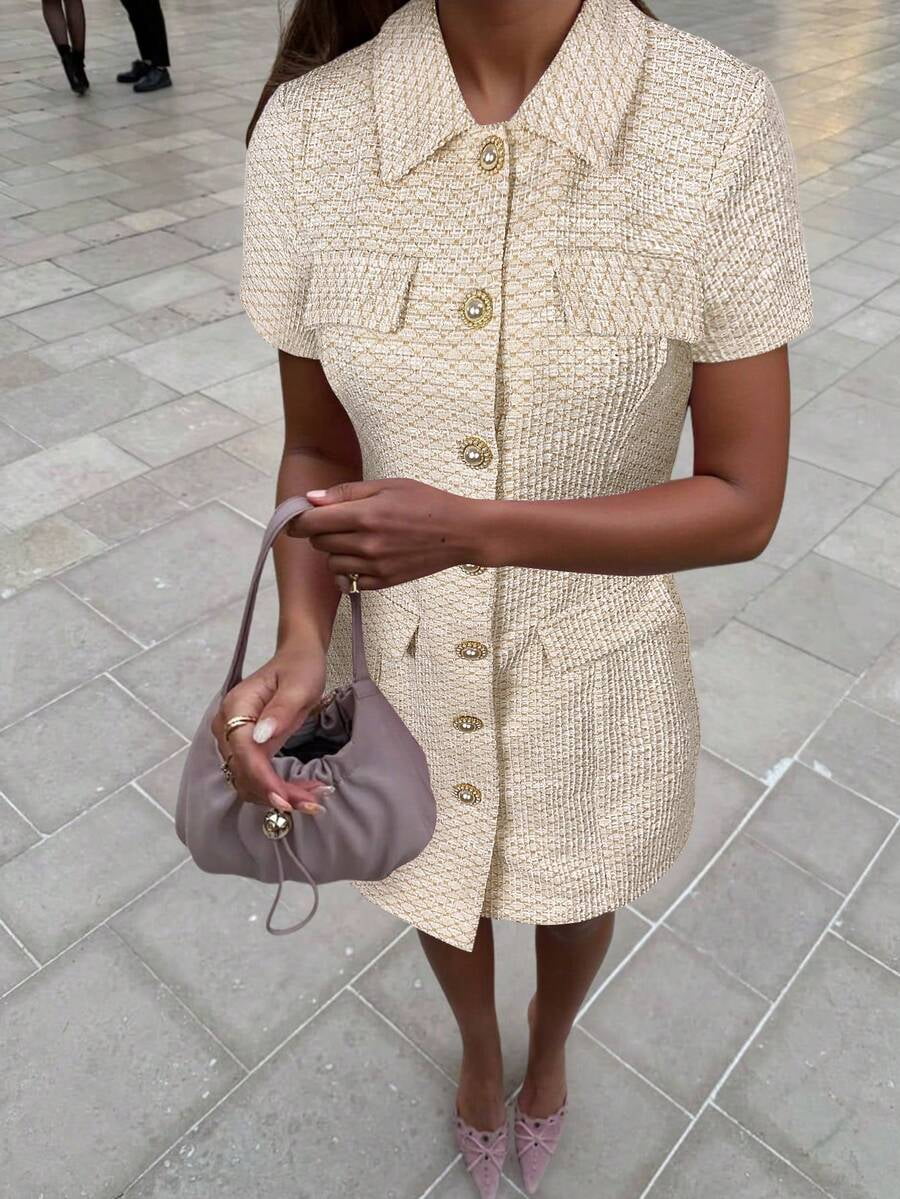 Brown Tweed Short Sleeve Collared Single-Breasted Mini Dress With Pearl-Embellished Buttons