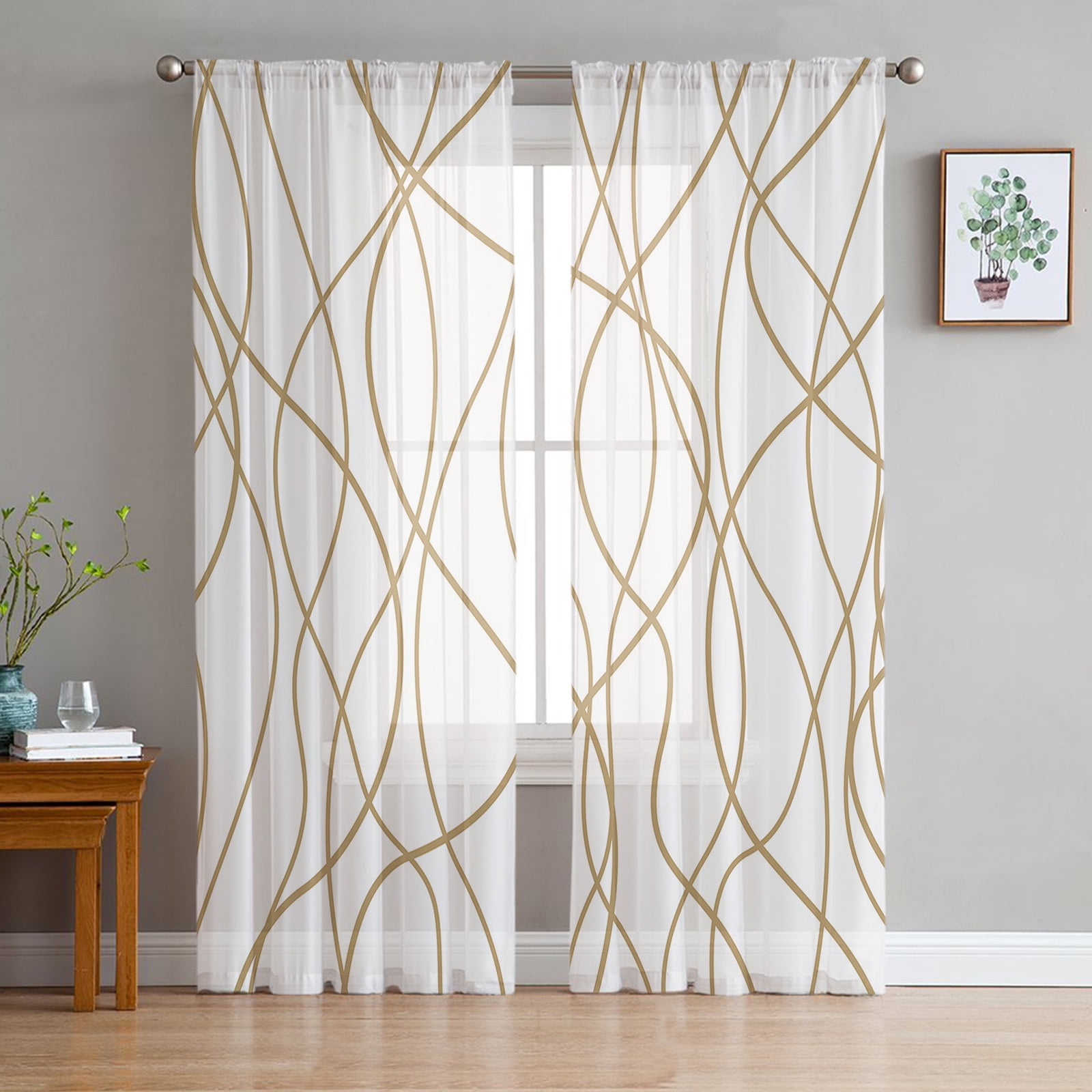 Brown Twisted Lines Modern Art Sheer Curtains for Living Room ration