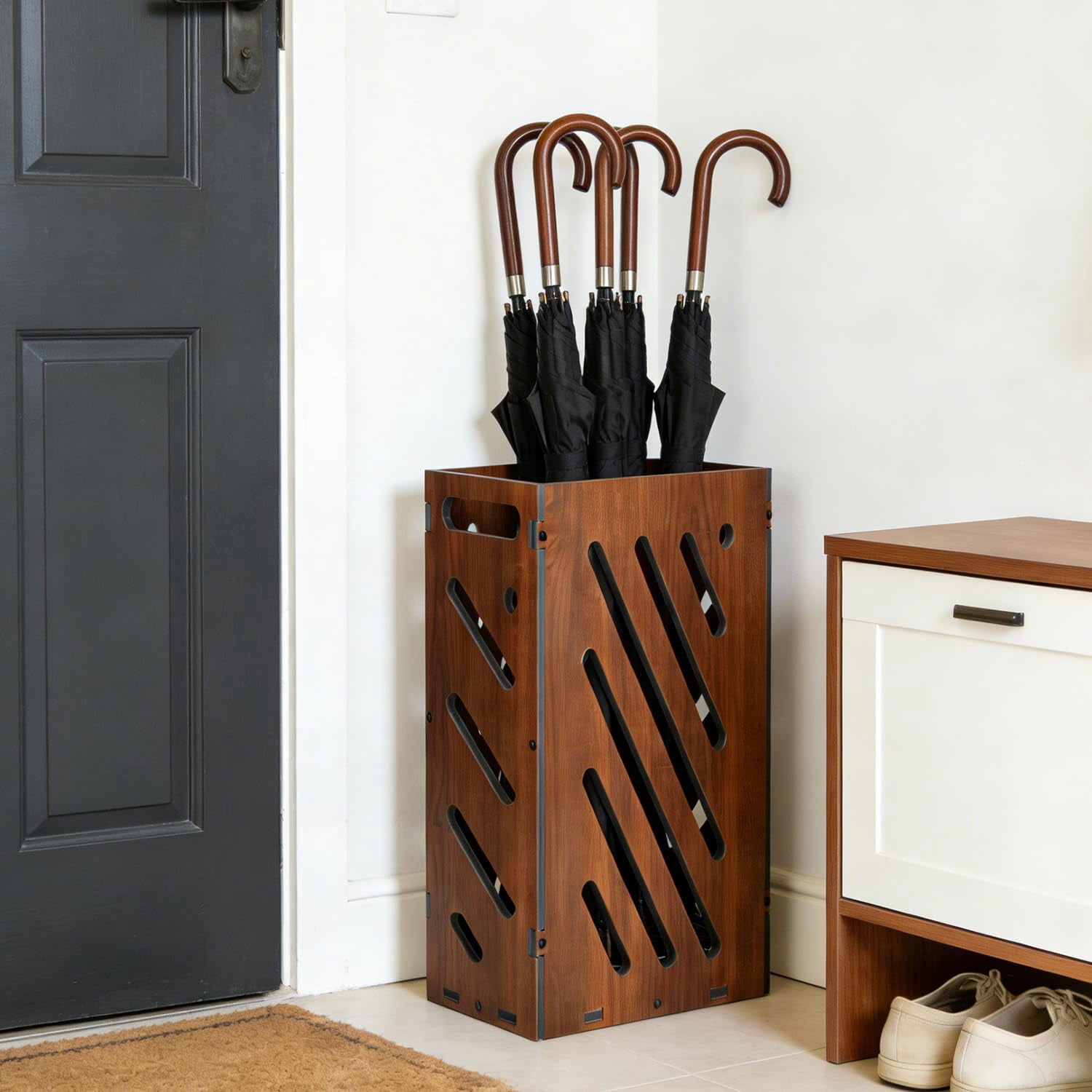 Brown Umbrella Stand For Entryway  Holder With Removable Water Tray Pvc Storage Bin Indoor Outdoor Freestanding Organizer Home Office Hotel