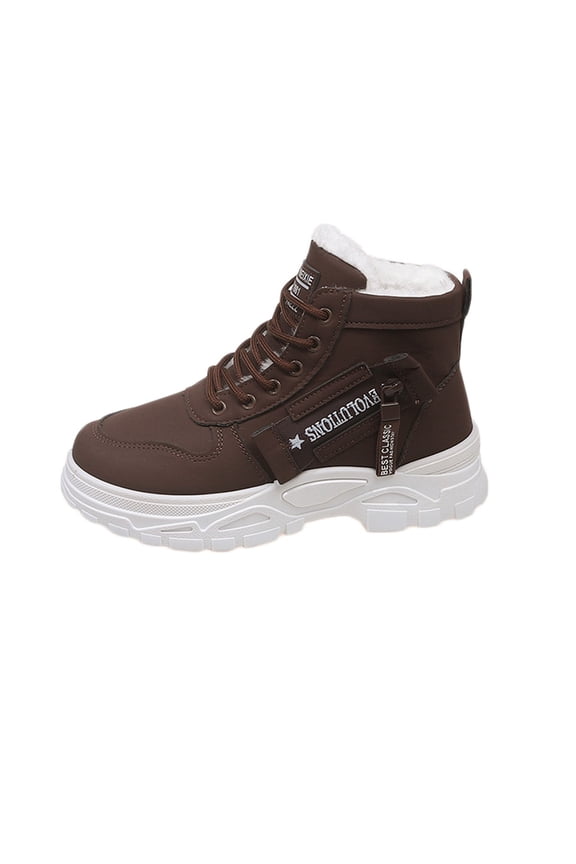 Brown Unisex Thick Sole Ankle Boots With Side Zipper Warm Fleece Lined For Casual Comfortable Wear Flat Heel Couple Style Fashion Boots