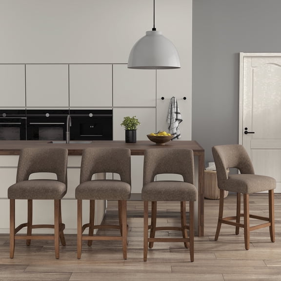 VKNOW Bar Stools Set of 4, 26" Upholstered Counter Height Bar Stools, Modern Counter Stools with Wood Legs for Kitchen Island Dining Room Bar,Brown