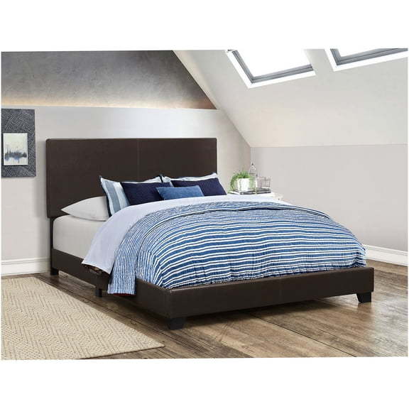 Brown Upholstered King Size Bed Frame with Headboard, Faux Leather Panel and Solid Wood Legs Eastern King Bed