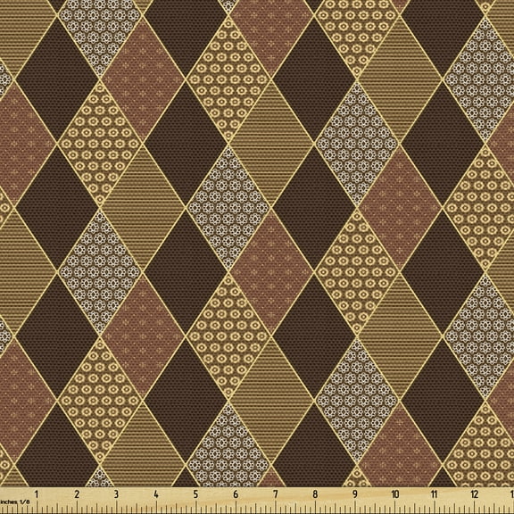 Brown Upholstery Fabric by the Yard, Lozenge Pattern in Patchwork Style Classical Old Fashioned Floral, Decorative Fabric for DIY and Home Accents, 2 Yards, Pale Brown Cinnamon by Ambesonne