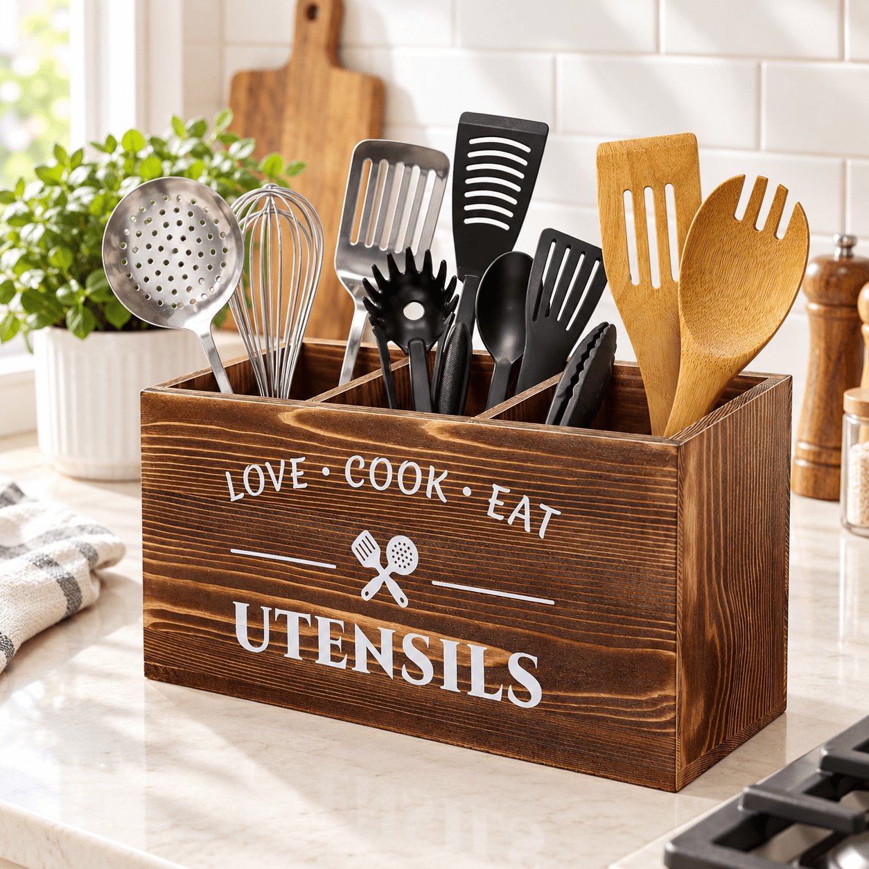 Brown Utensil Holder Rustic Wood Crocks With 3partments For Kitchen ...