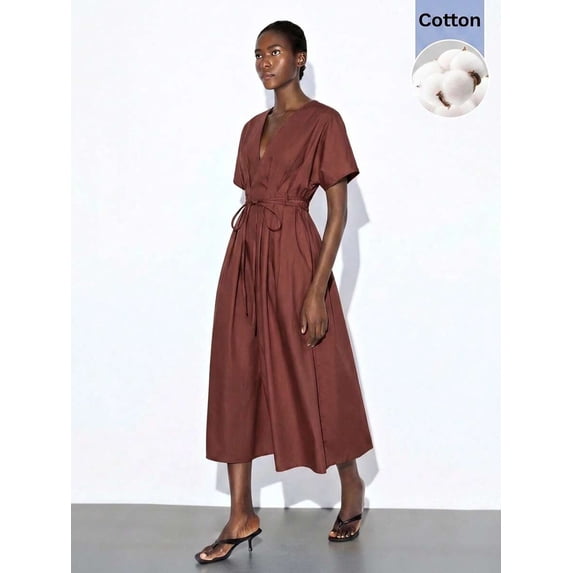 Brown V-Neck Wrap Midi Dress With Tie Waist And Short Sleeves