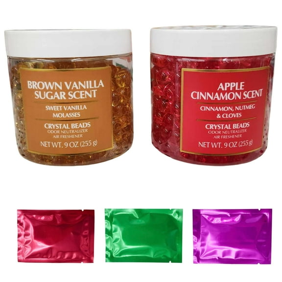 Brown Vanilla Sugar and Apple Cinnamon Scented Beads Air Freshener Neutralize Odors in Home Bathrooms Cars and Pet Areas Long Lasting Odor Eliminator 9oz Jar Pack of 2 w/Bonus Snoep in Beperkte Oplage