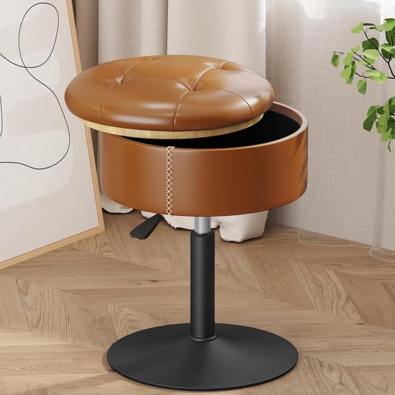  Brown Vanity Stool with Storage, Weight Capacity 300lbs & Height Adjustable Vanity Chair Stool for Makeup Room Bathroom Bedroom, 360 Swivel Round Ottoman