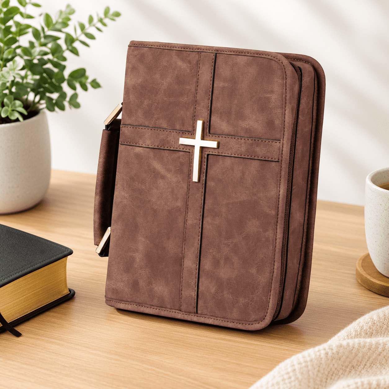 Brown Vegan Leather Book Cover Case with Cross Design, Fits Standard ...
