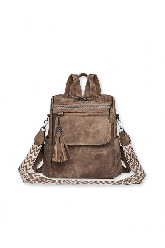 Brown Vegan Leather Convertible Backpack With Tassel And Geometric Strap