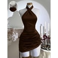 thumbnail image 1 of Brown Velvet Criss-Cross Ruched Waist Bodycon Mini Dress, Sleeveless Halter Neck, 1 of 6