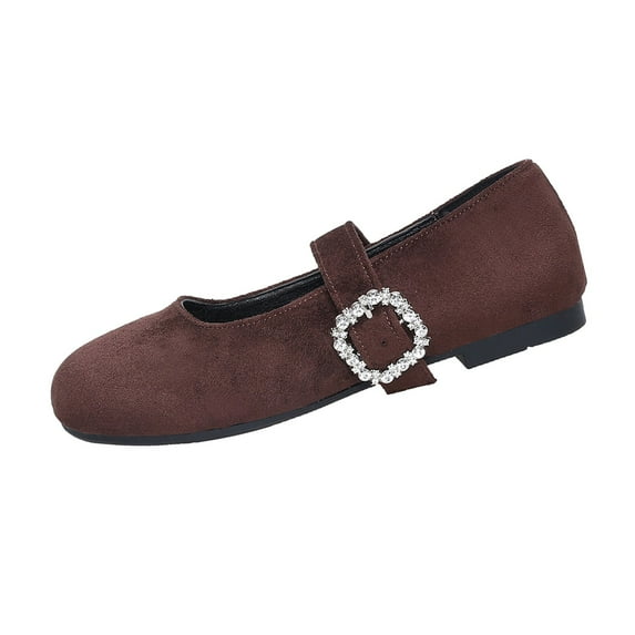 Brown Velvet Mary Jane Flats for Women, Adjustable Buckle Comfort Round Toe Casual & Work Shoes,Size 9