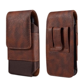 Brown Vertical Leather Belt Loop Case with Card Holder is Compatible with Consumer Cellular Iris Connect SmartPhone Phones with a thin cover on