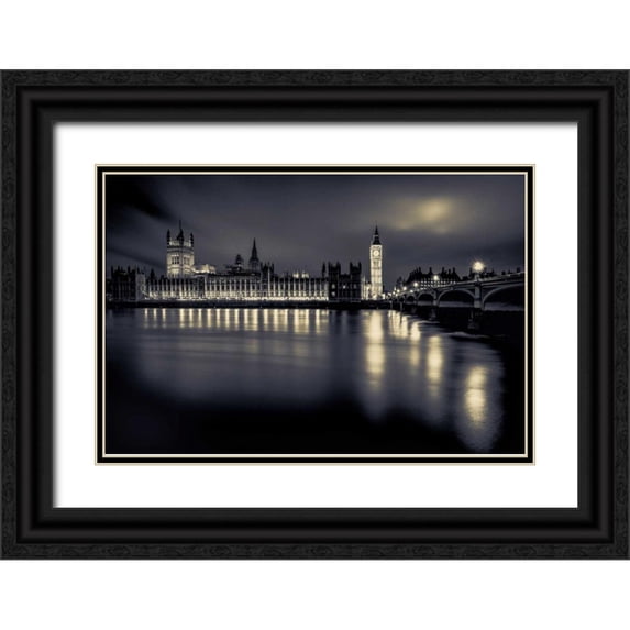 Brown,Victoria 32x23 Black Ornate Wood Framed with Double Matting Museum Art Print Titled - London Duotone Parliament