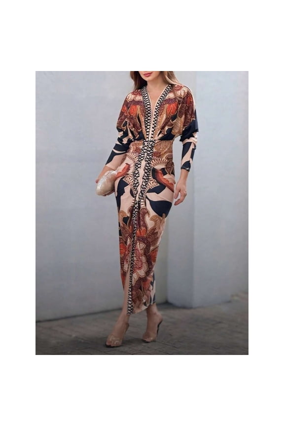 Brown Vintage Baroque Print V-Neck Long Sleeve Wrap Slit Midi Dress, Elegant Office Party Holiday Wear