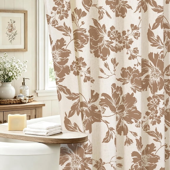 Brown Vintage Boho Botanical Floral Linen Shower Curtain, 36x72 | Small space narrow stall French country rustic boho style. Soft linen blend fabric, warm autumn half bath decor.
