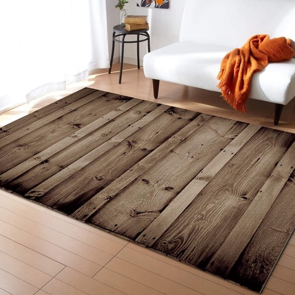 Brown Vintage Farm Area Rugs, Wood Grain Outdoor Carpet, with Non-Slip Rubber Backing Decorative Area Rugs for Living Room Bedroom Dining Room-5x6ft