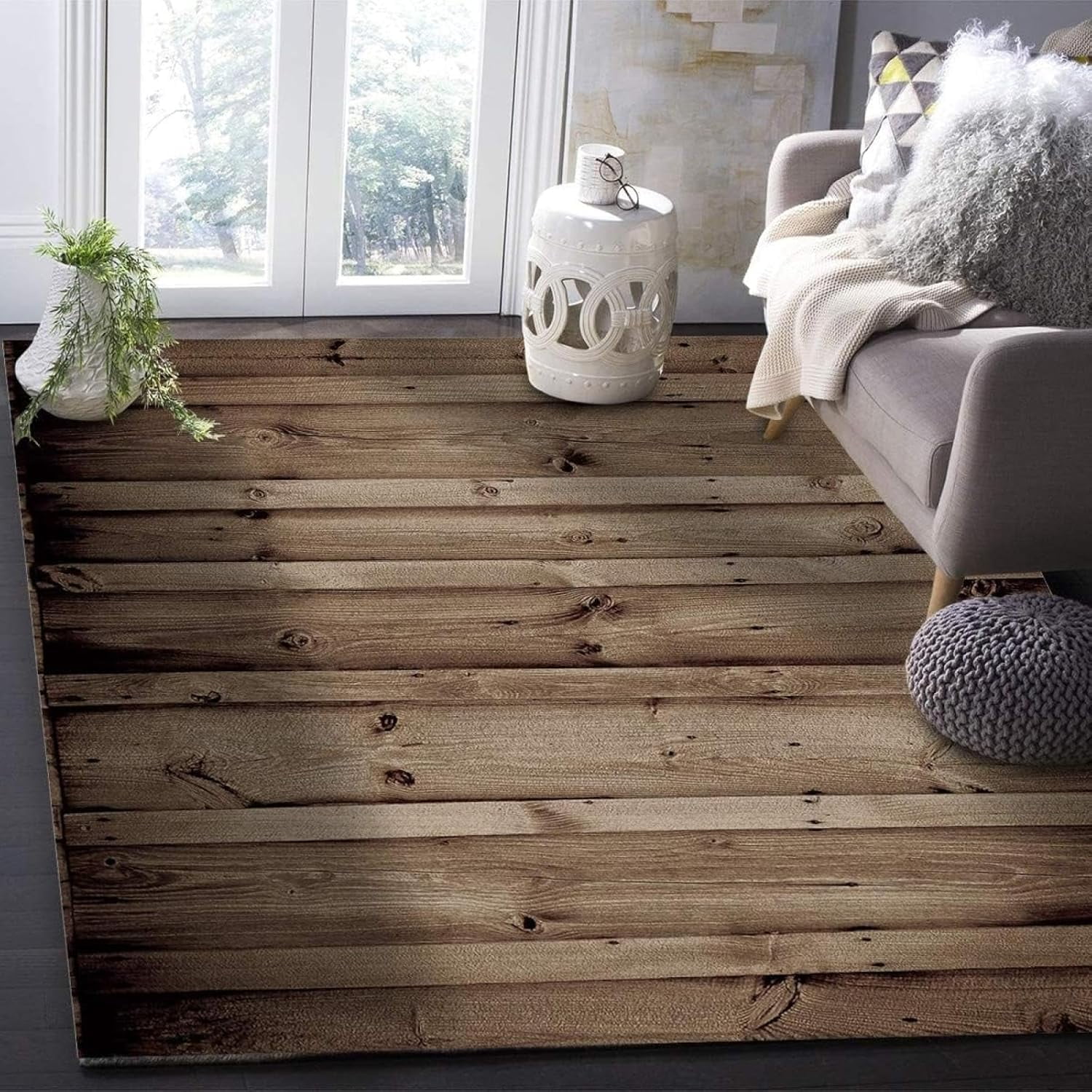 Brown Vintage Farm Wooden Floor Area Rugs Wood Grain Outdoor Indoor Non ...