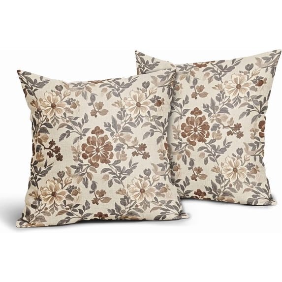 Brown Vintage Floral Pillow Covers 18x18 Inch Set of 2, Grey Gray Antique Flower Block Print Pattern Decorative Throw Pillowcases Outdoor Farmhouse Cushion Covers Art Decor for Sofa Couch Bed