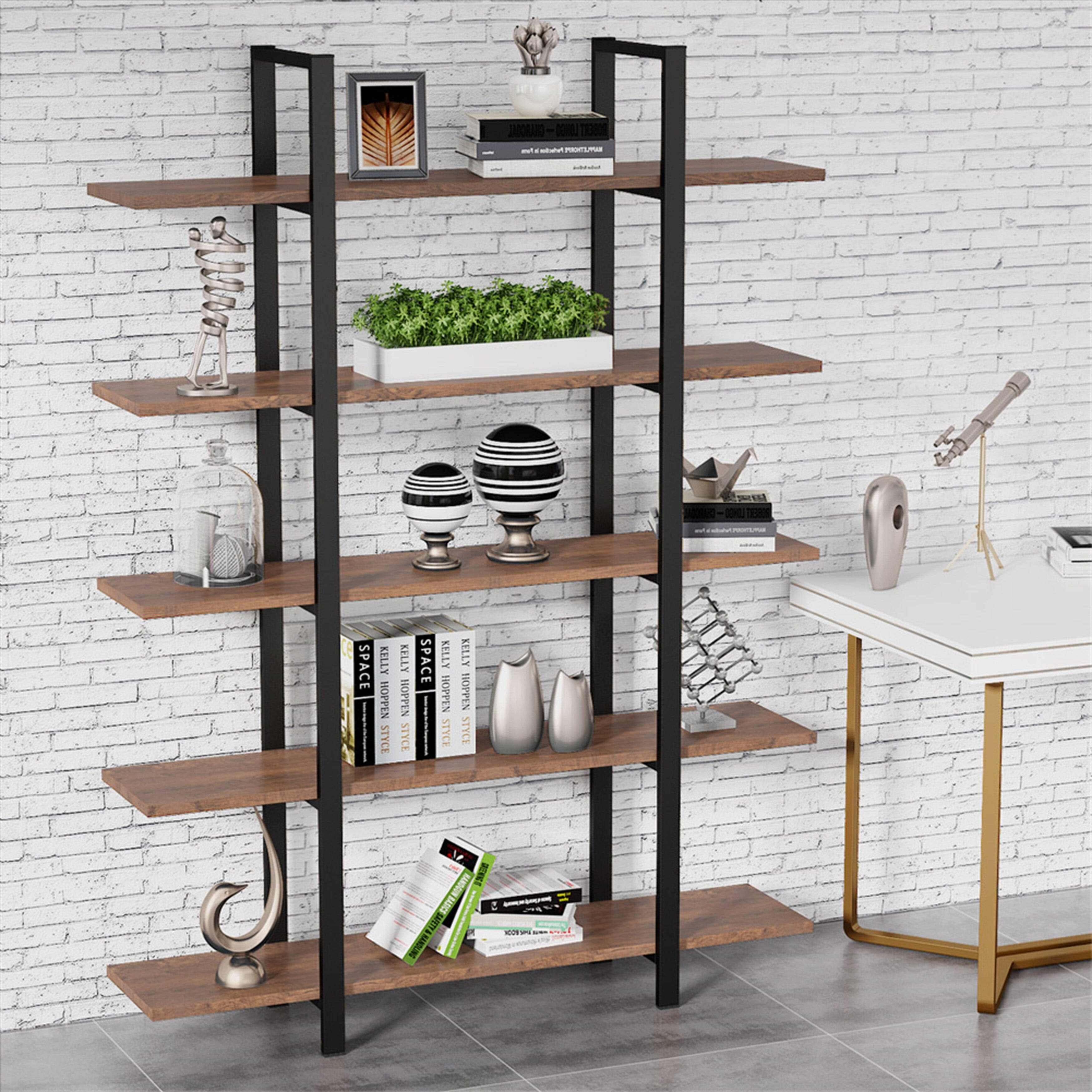 Vintage Brown Industrial 5-Tier Etagere Bookcase with Metal Frame