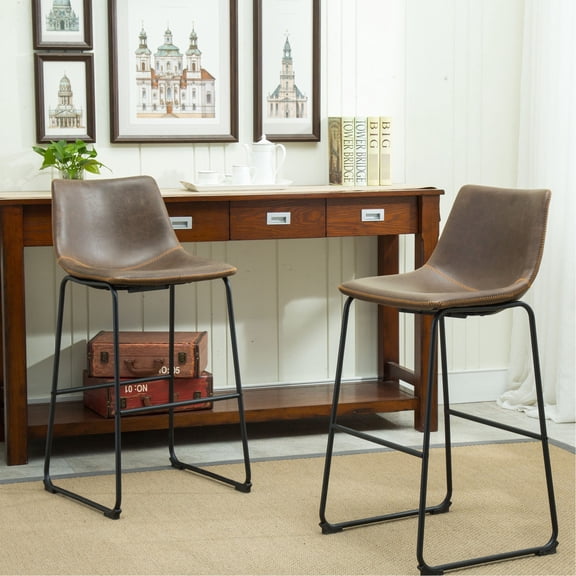 Brown Vintage PU Leather Barstool Set of Two / Ideal for Small Dining Areas