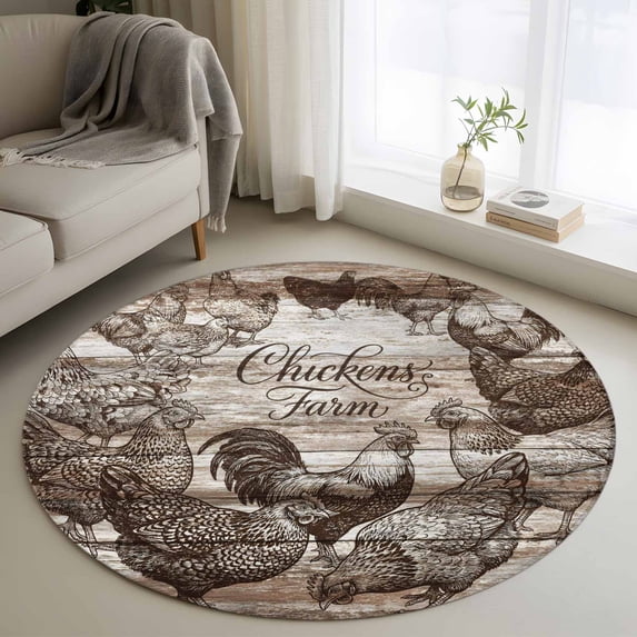 Brown Vintage Rooster Round Area Rug 3Ft Washable Small Circle Rugs for Kitchen Entryway, Farmhouse Wooden Chickens Farm Non-Slip Carpet Floor Mats Indoor Outdoor Carpet Runner Aesthetic Home Decor
