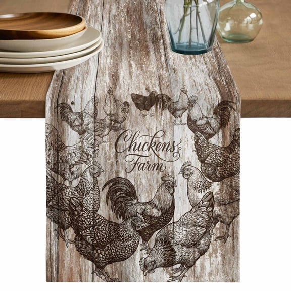 Brown Vintage Rooster Table Runner, Farmhouse Wooden Chickens Farm Washable Cotton Linen Table Runners 36 Inches Long, Dresser Scarf Runner for Nightstand/End Tables/Round Tables 13''x36''