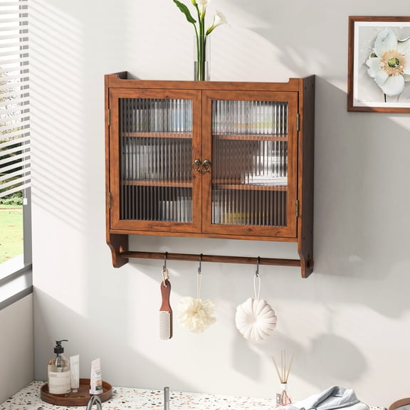 Brown Vintage Sideboard Wall Cabinet with Glass Doors | Three-Tier Storage for Home Use | Glass and Wood, Strong and Stable | Removable Shelves for Customizable Storage