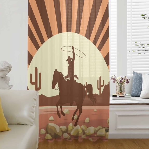 Brown Vintage Western Semi Sheer Curtains Drapes for Living Room, Bedroom, French Doors Window 72 Inches Long, Horse Cactus Retro Art Rod Pocket Chiffon Curtain Drapery Voile Draperies Panel