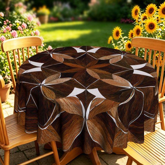 Brown Vintage Wood Inlay Geometric Star Pattern 2D Print Round Tablecloth, Rustic Farmhouse Table Cover for Kitchen Dining, Fall Outdoor Patio Gatherings