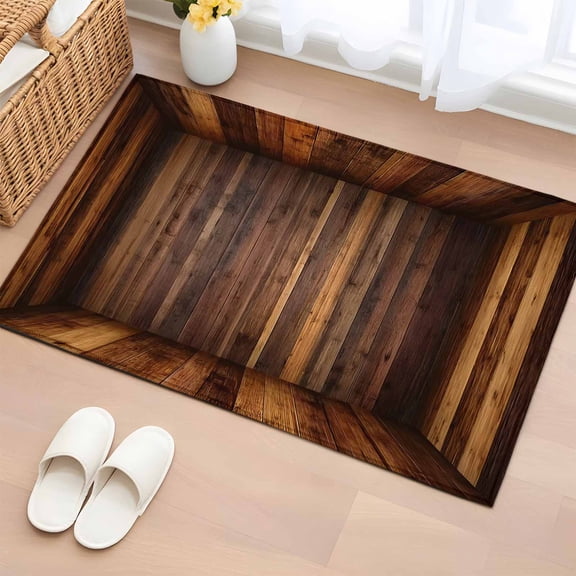 Brown Vintage Wooden Bathroom Rug Washable 2x3 Entryway Rug Non Slip Retro Art Farmhouse Front Door Mat Low Pile Indoor Doormat Throw Floor Carpet for Kitchen Bedroom Entrance