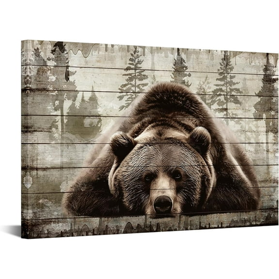 Brown Wall Art Painting Grizzly Bear Prints On Canvas Vintage Forest Wildlife Animal Pictures Wall Art for Home Cabin Decoration Rustic Farmhouse Decor