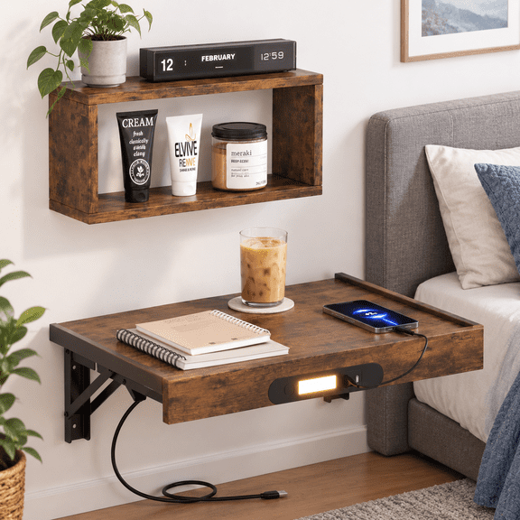 Brown Wall Mounted Folding Floating Nightstand with Charging Station and LED Light