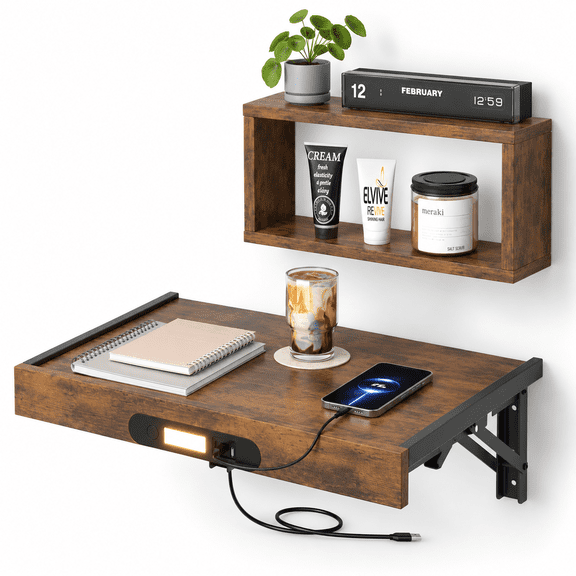 Brown Wall Mounted Folding Floating Nightstand with Charging Station and LED Light