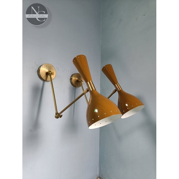 Hussain Crafts Mid-Century 2-Light Raw Brass Indoor Sconce with Crystal Glass