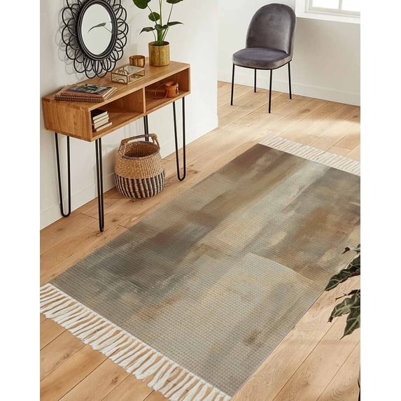 Brown Washable Area Rug 3'x5', Oil Painting Abstract Art Contemporary Woven Cotton Tassels Kitchen Rugs, Non Slip Indoor Door Mat Throw Carpet for Entryway Living Room Nursery Laundry Room