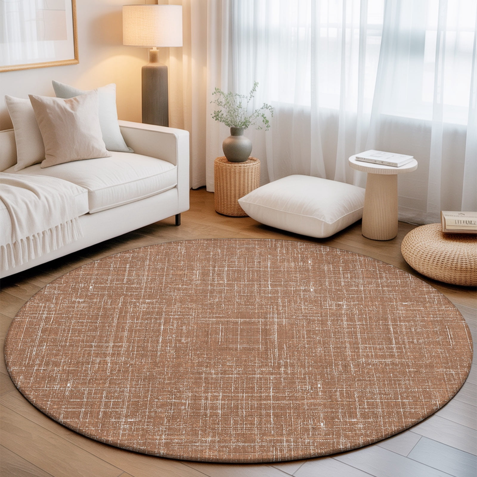 Brown Washable Round Area Rug 8 ft, Abstract Modern Farmhouse Solid ...