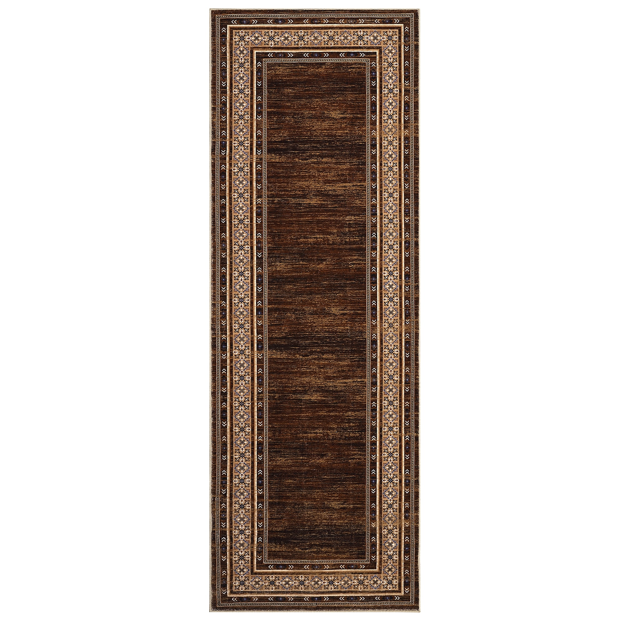 Brown Washable Runner Rug 2' × 6' – Non Slip Low Pile Stain Resistant Hallway Rug for Kitchen, Entryway, Laundry Room, Vintage Bordered Carpet for High-Traffic Areas
