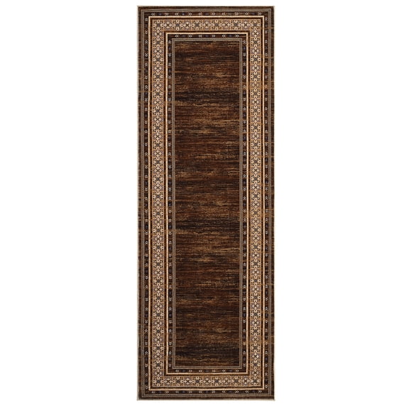 Brown Washable Runner Rug 2' × 6' – Non Slip Low Pile Stain Resistant Hallway Rug for Kitchen, Entryway, Laundry Room, Vintage Bordered Carpet for High-Traffic Areas