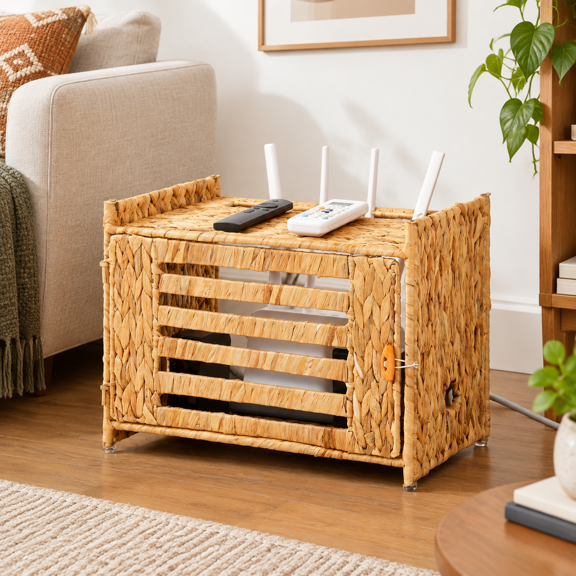 Brown Water Hyacinth Woven Router Storage Box, 16.93 x 12.40 x 2.76 Inches
