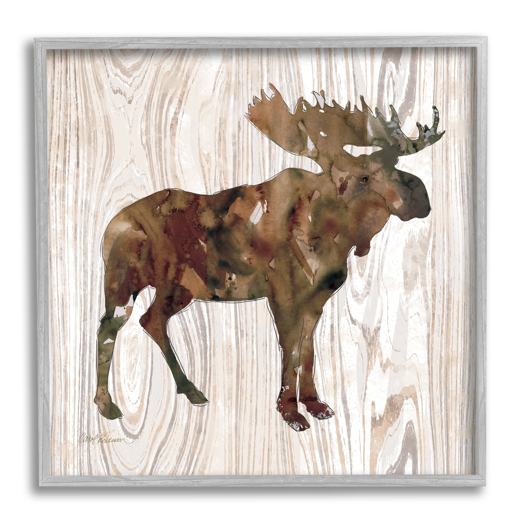 Brown Watercolor Moose Silhouette Rustic Grain Pattern Animals & Insects Framed Art Print Wall Art, 17x17