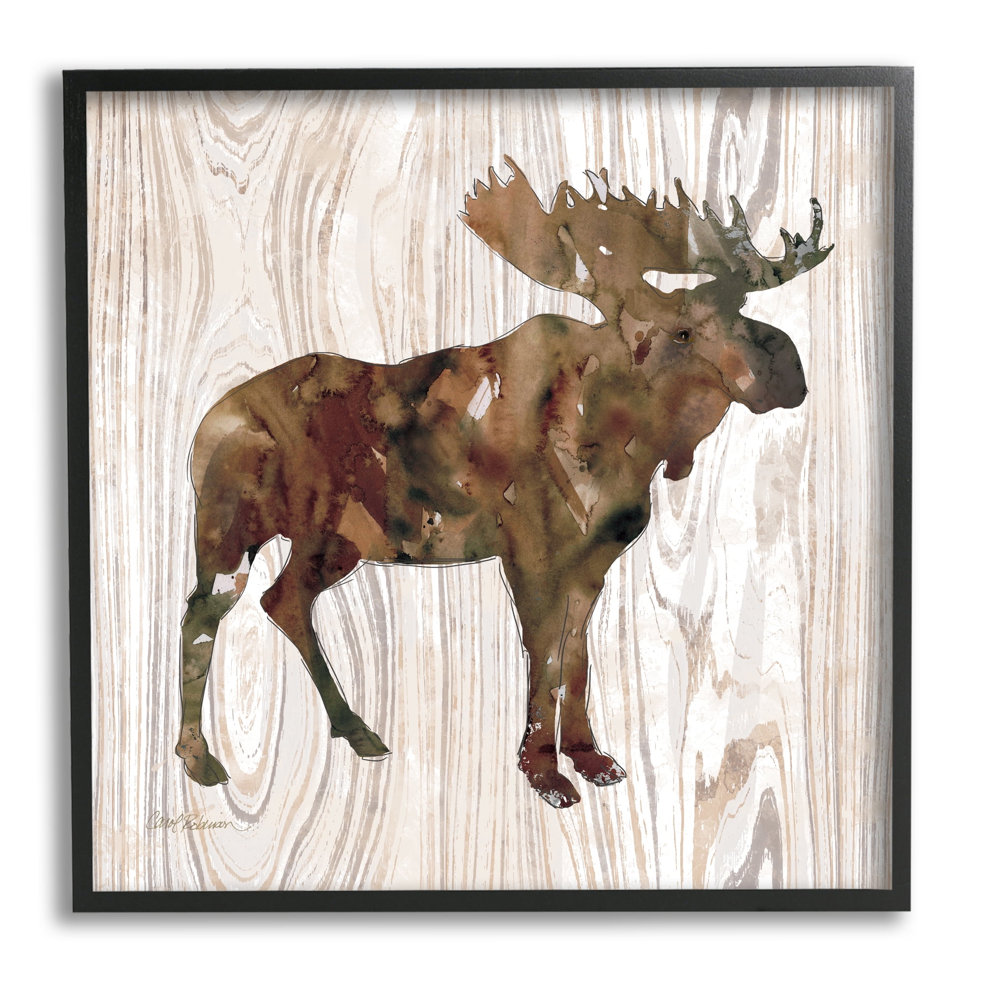 Brown Watercolor Moose Silhouette Rustic Grain Pattern Animals & Insects Framed Art Print Wall Art, 17x17